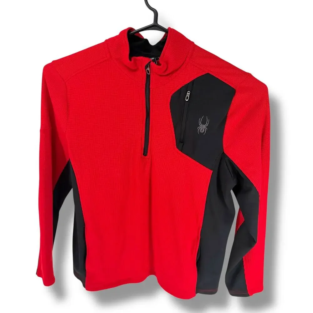 Spyder Mens XL Red Black Quarter Zip Pullover Waffle Knit Alpine Ski